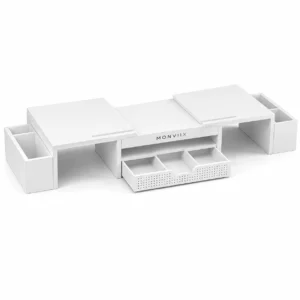 Monviix | White Dual Monitor Stand with Organizer Drawer
